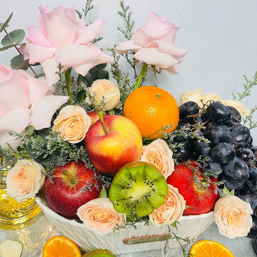 Fruit and Floral Basket with Apples, Oranges, Grapes and Roses